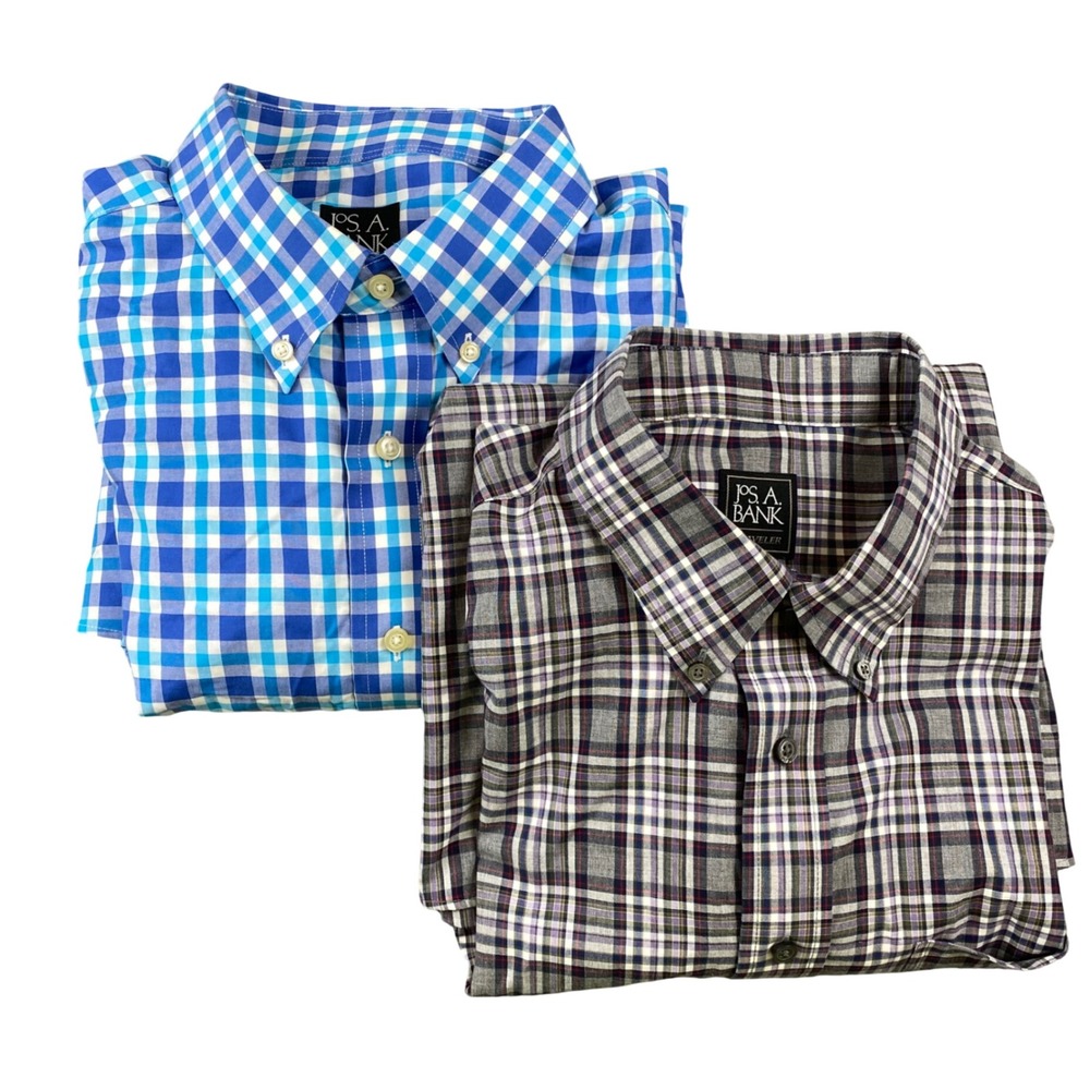 Jos A Bank Traveler Mens XL Tailored Fit Plaid Shirts Blue Gray Purple Lot 2